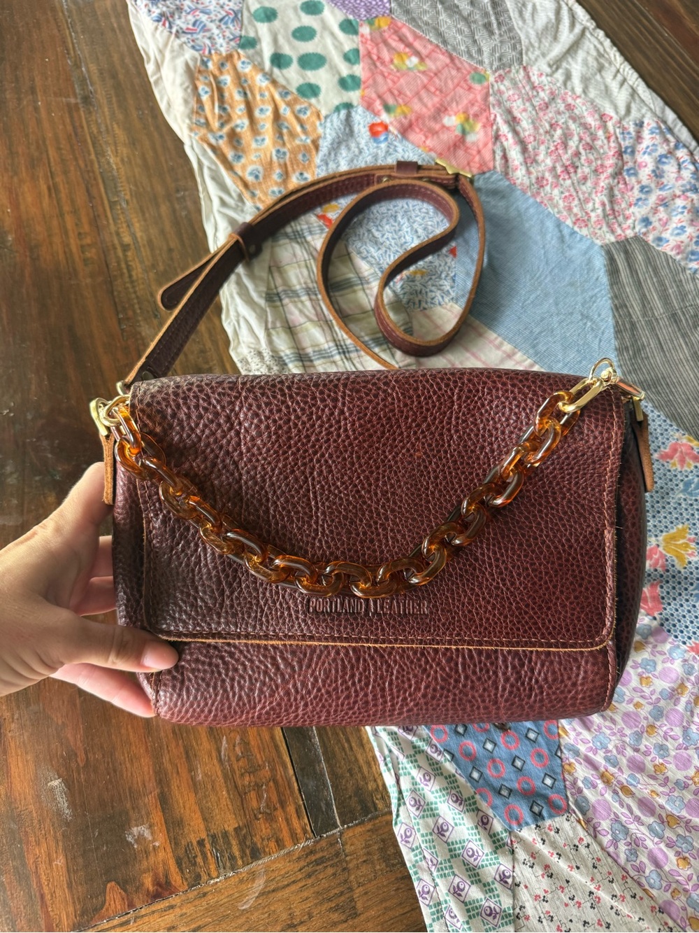 Portland Leather nutmeg Pebbled Leather Crossbody Bag with Tortoiseshell Chain